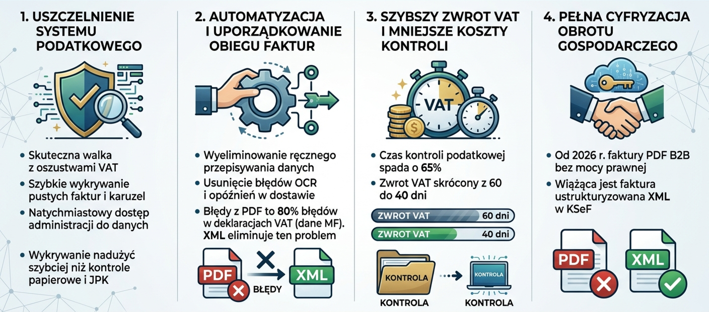 Infografika: historia powstania KSeF i cele jego wprowadzenia – oś czasu 2021–2026